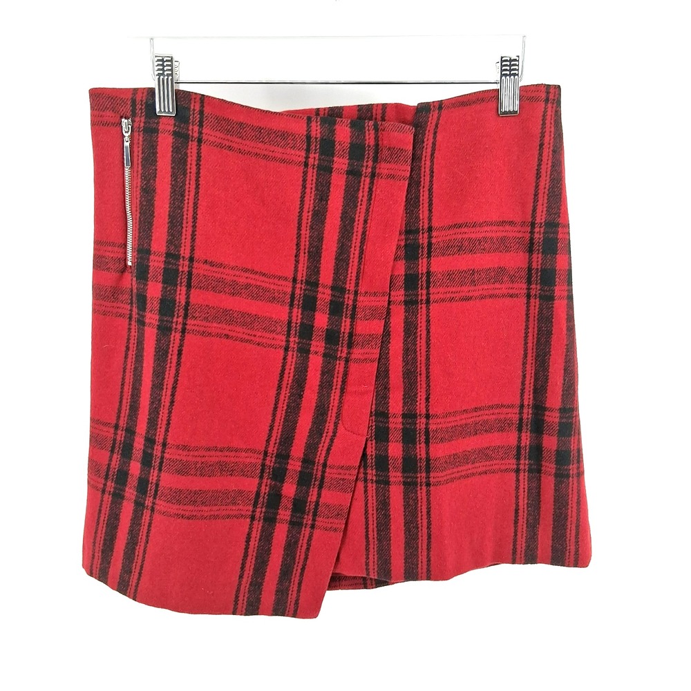 British Khaki Red Plaid Short Skirt Womens Sz 8 Faux Wrap Dark Academia Twee